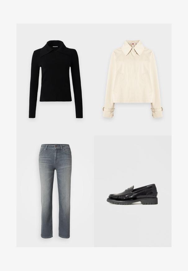 Veste courte couleur crème avec grand col pointu, poches avant, manches longues avec poignets réglables à boucle.; Top noir à manches longues en tissu doux, avec un grand col pointu et une coupe ajustée. Texture lisse avec peu de détails.; Jeans en denim gris avec une coupe droite, un design à cinq poches, fermeture à bouton et à zip, et une finition légèrement délavée.; Mocassin en cuir noir avec dessus de style mocassin, détails à franges texturées, et semelle épaisse en caoutchouc noir. Finition lisse, bout arrondi.