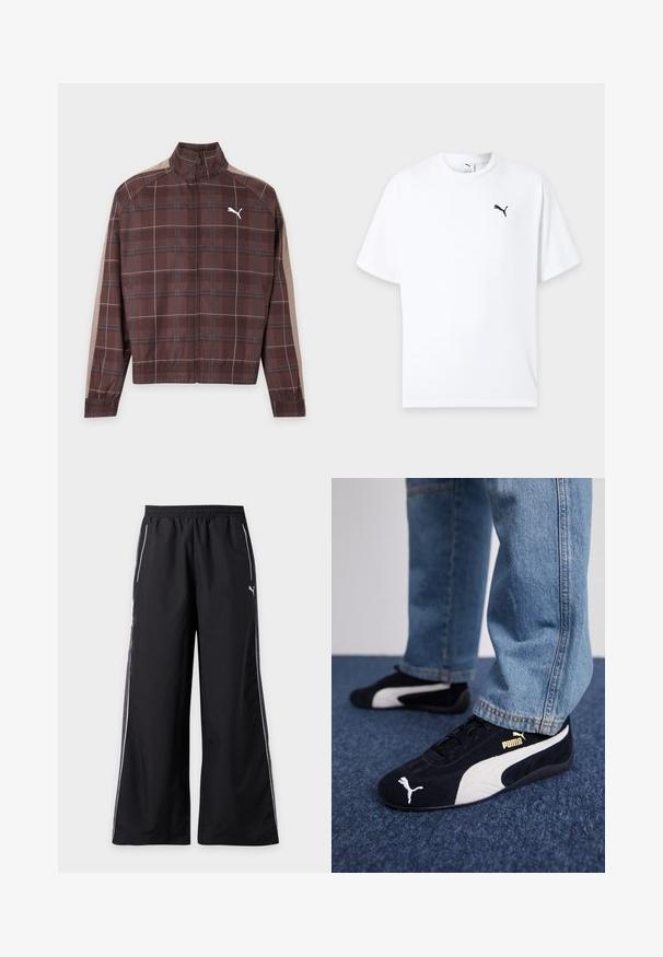 Bruine geruite jas met rits, met beige strepen op de mouwen en wit Puma-logo op de linkerborst, elastische manchetten en zoom.; Witte T-shirt met korte mouwen en ronde hals met een klein zwart Puma-logo op de linkerborst tegen een lichte achtergrond.; Zwarte atletische broek met wijde pijpen, witte biezen langs de zijkanten en een elastische tailleband, met een klein Puma-logo op de rechterdij.; Zwarte suède sneakers met witte accenten, voorzien van een gouden logo. Gemaakt met lichtblauwe spijkerbroek en geplaatst op een textuur blauwe ondergrond.
