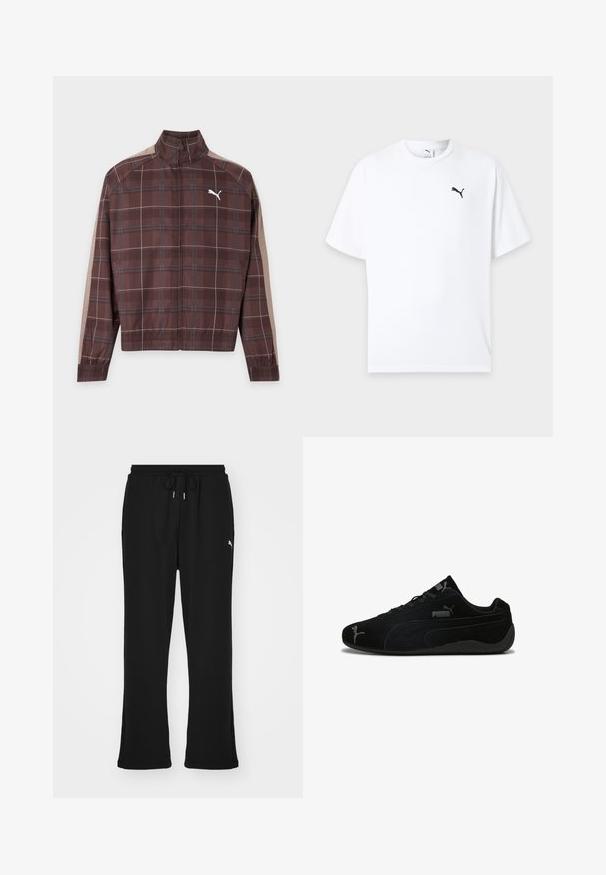 Chaqueta marrón a cuadros con cremallera, con rayas beige en las mangas y logo blanco de Puma en el pecho izquierdo, puños y dobladillo elásticos.; Camiseta blanca de manga corta con cuello redondo y un pequeño logo negro de Puma en el pecho izquierdo sobre un fondo claro.; Pantalones de chándal negros con cintura elástica y cordón, con bolsillos laterales y un sutil logo en la pierna izquierda. Tela suave, forma acampanada.; Zapatillas deportivas de ante negro con un perfil bajo. Presentan un diseño texturizado, suela de goma negra y acentos del logo plateado de Puma.