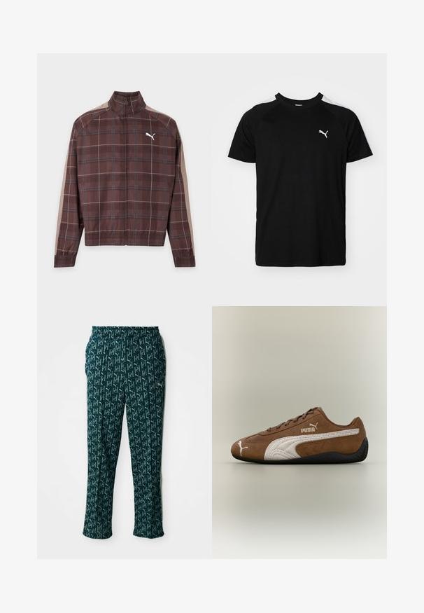 Brun ternet jakke med lynlås med beige striber på ærmerne og hvid Puma-logo på venstre bryst, elastiske manchetter og kant.; Sort kortærmet t-shirt med hvide accentstriber på skuldrene, rund halsudskæring og lille hvidt logo på venstre bryst. Blødt stof, klassisk pasform.; Grønne mønstrede bukser med et gentaget logo-design, med elastisk talje og lige snit, præsenteret mod en neutral baggrund.; Brun ruskindsneaker med hvide accenter og tekstureret design. Har en sort gummisål og et fremtrædende Puma-logo på siden.