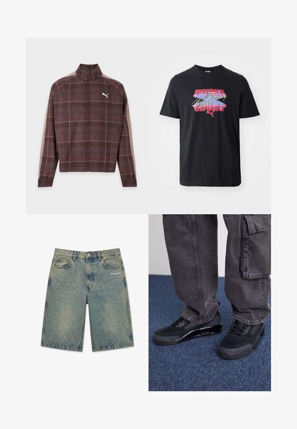 Chaqueta marrón a cuadros con cremallera, con rayas beige en las mangas y logo blanco de Puma en el pecho izquierdo, puños y dobladillo elásticos.; Camiseta de manga corta negra hecha de algodón, con un estampado gráfico colorido que presenta el texto "PUMA Forever Legends SPORT."; Pantalones cortos de mezclilla azul claro con un acabado desteñido, bolsillos delanteros, trabillas para cinturón, cierre de botón y logotipo "PEGADOR" en el bolsillo delantero derecho.; Zapatillas deportivas negras con una superficie texturizada, acentos suaves y una suela gruesa, combinadas con pantalones cargo oscuros y holgados.