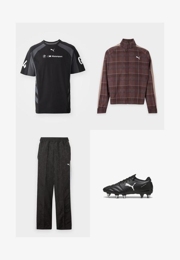 Hnedá károvaná bunda na zips s béžovými pruhmi na rukávoch a bielym logom Puma na ľavej strane hrudníka, elastické manžety a lem.; Čierne tričko s sivými akcentmi, krátkymi rukávmi, okrúhlym výstrihom, so znakmi BMW a Puma a číslom '4' na rukáve.; Čierne športové nohavice s jemným vzorom, bielymi bočnými pruhmi, elastickým pásom a bielym logom Puma na hornej časti stehna.; Čierne futbalové kopačky s textúrovaným materiálom, biele logo Puma, šnurovací systém a kovové kolíky pre trakciu. Dizajn zdôrazňuje výkon a podporu.