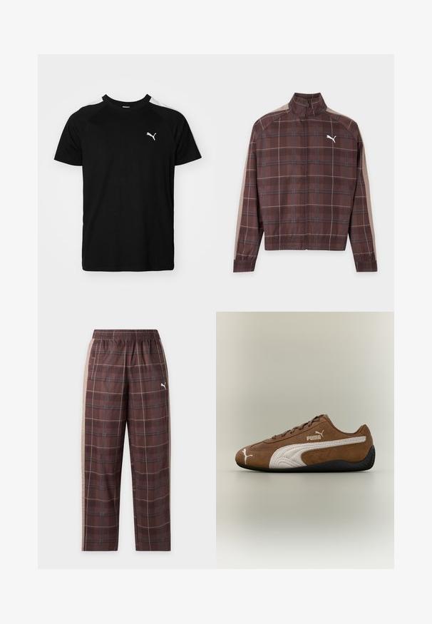Bruine geruite jas met rits, met beige strepen op de mouwen en wit Puma-logo op de linkerborst, elastische manchetten en zoom.; Zwarte t-shirt met korte mouwen, voorzien van witte accenten op de schouders, een ronde halslijn en een klein wit logo op de linkerborst. Zacht materiaal, klassieke pasvorm.; Bruine geruite trainingsbroek met elastische tailleband, beige zijstrepen, voorzakken en wit Puma-logo op de rechterdij.; Bruine suède sneaker met witte accenten en een gestructureerd ontwerp. Heeft een zwarte rubberen zool en een opvallend Puma-logo aan de zijkant.