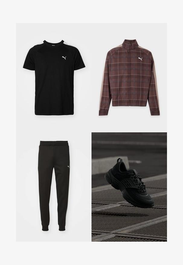 Bruine geruite jas met rits, met beige strepen op de mouwen en wit Puma-logo op de linkerborst, elastische manchetten en zoom.; Zwarte t-shirt met korte mouwen, voorzien van witte accenten op de schouders, een ronde halslijn en een klein wit logo op de linkerborst. Zacht materiaal, klassieke pasvorm.; Zwarte sportbroek met een tapering fit, elastische tailleband, zijzakken en witte zijkanten. Bevat een klein logo op de linkerdij.; Zwarte sportieve schoenen met een gestructureerde mesh bovenkant en rubberen zool, met een dikke silhouette en vetersysteem voor een veilige pasvorm.