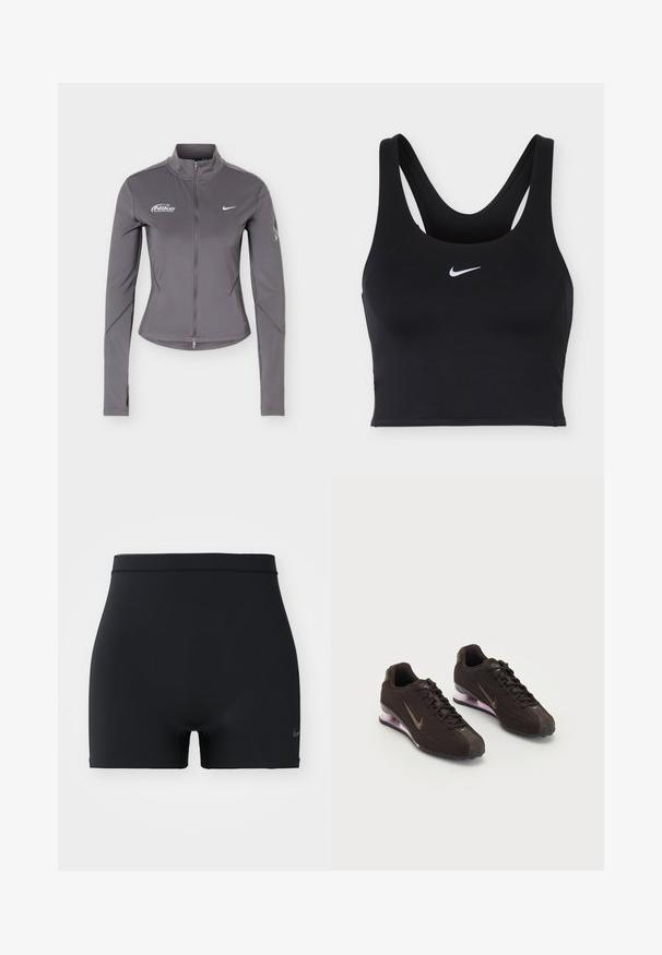 Šedá bunda Nike na zips s dlhým rukávom a stojatým golierom, biele logo Nike na hrudi a jemné detaily na rukávoch.; Čierna športová podprsenka Nike so širokými ramienkami a bielym logom Nike Swoosh uprostred vpredu.; Čierne športové šortky vyrobené z hladkého, elastického materiálu, s pásom strednej výšky a malým logom Nike na ľavej strane.; Čierne športové topánky s textúrovaným zvrškom, hnedými akcentmi a fialovou vzduchovo tlmenou podrážkou. Šnurovací dizajn s výrazným brandingom.