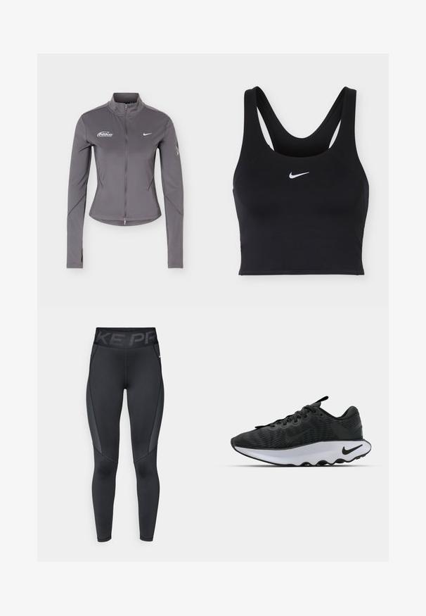 Grå Nike jakke med lange ærmer, lynlås og ståkrave, hvide Nike-logoer på brystet og subtile detaljer på ærmerne.; Sort Nike sports-bh med brede stropper og hvid Nike swoosh-logo centreret foran.; Sorte atletiske leggings med en tekstureret sidepanel, høj elastisk talje med "NIKE PRO" branding og en tætsiddende pasform.; Sorte sportsko med en struktureret overdel, der har en hvid mellemsål og sorte detaljer. Rund toe og polstret krave for komfort.