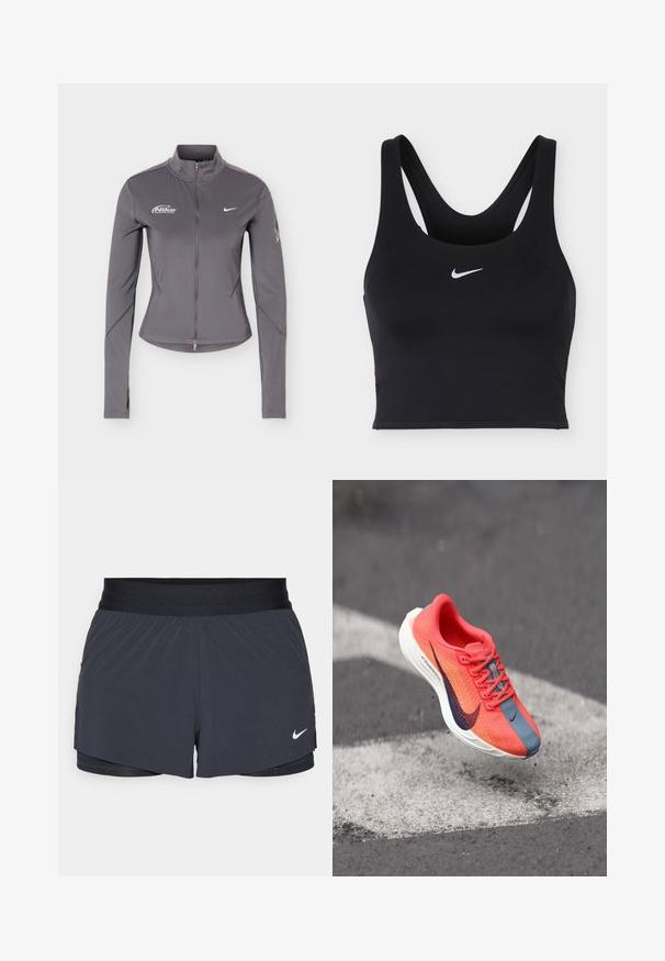 Grå Nike jakke med lange ærmer, lynlås og ståkrave, hvide Nike-logoer på brystet og subtile detaljer på ærmerne.; Sort Nike sports-bh med brede stropper og hvid Nike swoosh-logo centreret foran.; Sort træningsshorts med elastisk talje, der har et lagdelt design og et lille hvidt Nike-logo nederst til venstre. Letvægtsmateriale.; Lys orange og blå Nike løbesko i luften over asfalt med hvide vejmarkeringer, der viser detaljer om snørebånd og sål.