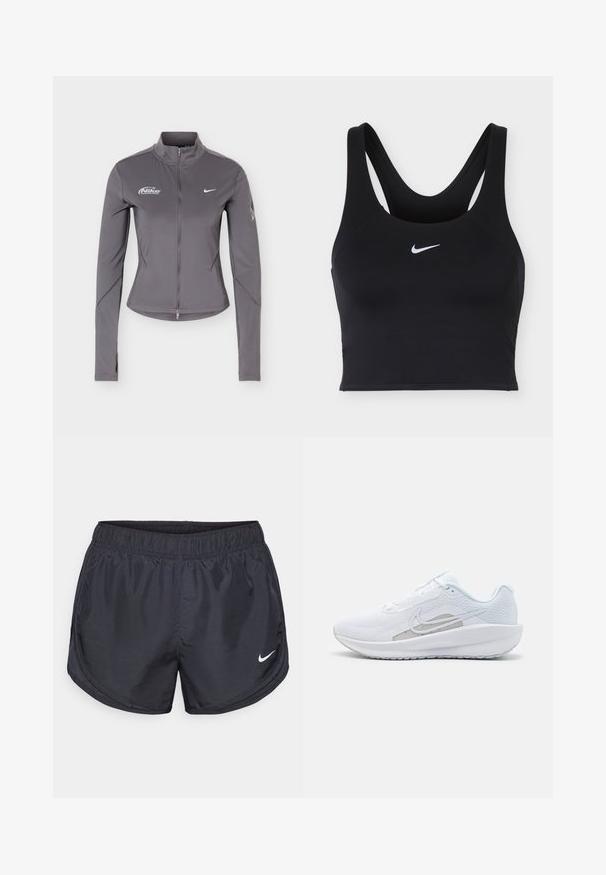 Grå Nike jakke med lange ærmer, lynlås og ståkrave, hvide Nike-logoer på brystet og subtile detaljer på ærmerne.; Sort Nike sports-bh med brede stropper og hvid Nike swoosh-logo centreret foran.; Sorte atletiske shorts med elastisk talje, lavet af letvægtsmateriale, med et lille hvidt Nike-logo nederst til venstre.; Hvid træningssko med mesh-overdel, rund tå og tekstureret sål. Har et sølvfarvet Nike-swoosh og et minimalistisk design.