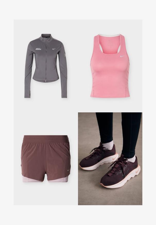 Šedá bunda Nike na zips s dlhým rukávom a stojatým golierom, biele logo Nike na hrudi a jemné detaily na rukávoch.; Ružové športové tielko Nike bez rukávov s prestrihmi na chrbte a malým bielym logom Swoosh na hrudi, vyrobené z textúrovaného priedušného materiálu.; Šortky v hlbokom purpurovom odtieni s ľahkým dizajnom, vybavené širokým pásom a ružovým vnútorným materiálom. Obsahujú malý logo detail na boku.; Vínové športové topánky s textúrovaným pleteným zvrškom, bielou podrážkou a čiernym logom Nike. Majú okrúhle šnúrky a vzorované slučky na šnúrky.