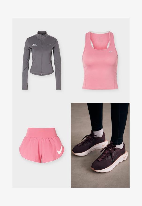 Grå Nike jakke med lange ærmer, lynlås og ståkrave, hvide Nike-logoer på brystet og subtile detaljer på ærmerne.; Lyserød Nike ærmeløs atletisk tanktop med racerback og lille hvid Swoosh-logo på brystet, lavet af tekstureret, åndbart stof.; Pink træningsshorts med bred talje og en hvid Nike-swoosh på venstre side, sat mod en ensfarvet hvid baggrund.; Mørkerøde sportssko med en tekstureret strikoverdel, hvid sål og sort Nike-logo. Har runde snørebånd og mønstrede snørehuller.