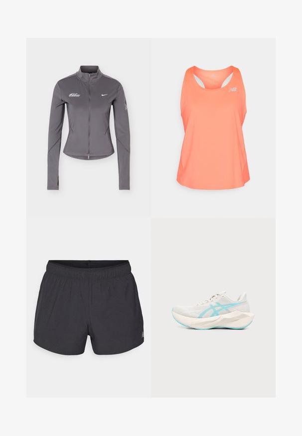 Šedá bunda Nike na zips s dlhým rukávom a stojatým golierom, biele logo Nike na hrudi a jemné detaily na rukávoch.; Ružový športový top na ramienka so širokým výstrihom, dizajnom racerback a ventilačnými otvormi. Na prednej strane sa nachádza malá odrazová značka.; Čierne športové šortky vyrobené z priedušného materiálu s elastickým pásom, ktoré majú jemnú perforovanú textúru a malý logový akcent.; Svetlo béžová bežecká obuv s hrubou geometrickou podrážkou a svetlomodrými akcentovými líniami a podrážkou, zobrazená z bočného pohľadu na bielom pozadí.