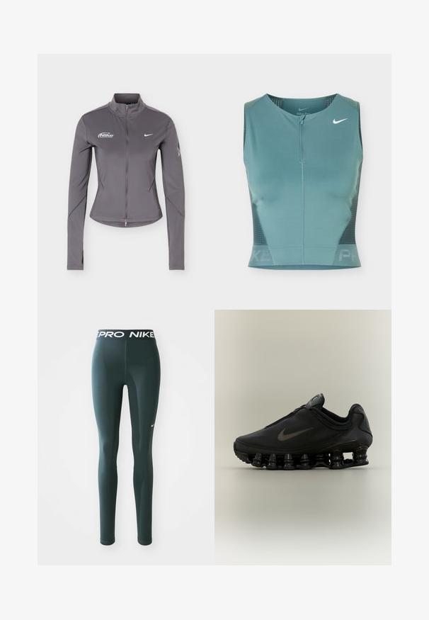 Γκρι μακρυμάνικο μπουφάν Nike με φερμουάρ και όρθιο γιακά, λευκά λογότυπα Nike στο στήθος και διακριτικές λεπτομέρειες στα μανίκια.; Αμάνικο αθλητικό crop top σε τιρκουάζ χρώμα με φερμουάρ μπροστά, πλάγιες πλευρές από δίχτυ και λευκό λογότυπο Nike swoosh στο επάνω αριστερό μέρος του στήθους.; Σκούρα πράσινα κολάν από ελαστικό υλικό, με φαρδιά μέση που έχει το λογότυπο "PRO NIKE" και μια μικρή λευκή σούστας της Nike στο πλάι.; Μαύρο αθλητικό παπούτσι Nike με φερμουάρ στο πάνω μέρος και χαρακτηριστική σόλα με τμηματικές ελαστικές άνοιξη, παρουσιάζεται σε πλάγια όψη πάνω σε ουδέτερο φόντο.