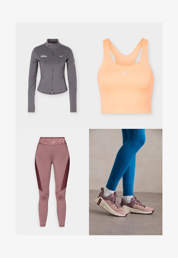Grå Nike jakke med lange ærmer, lynlås og ståkrave, hvide Nike-logoer på brystet og subtile detaljer på ærmerne.; Sports-bh fra Nike i ferskenfarve med racerback-design og hvid Nike swoosh-logo midt på fronten.; Lyserøde trænings leggings med høj talje, der har "NIKE PRO" i skinnende bogstaver. Sidepanelerne har et struktureret mesh-design.; Diverse sko i lyserød og beige med teksturerede sidelapper, brune detaljer og fleksible såler. Bæres sammen med blå leggings og hvide sokker.