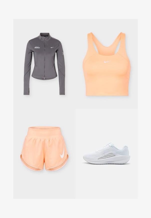 Grå Nike jakke med lange ærmer, lynlås og ståkrave, hvide Nike-logoer på brystet og subtile detaljer på ærmerne.; Sports-bh fra Nike i ferskenfarve med racerback-design og hvid Nike swoosh-logo midt på fronten.; Ferskenfarvede atletikshorts med bred talje, hvid kant og stor hvid Nike-swoosh på højre ben.; Hvid træningssko med mesh-overdel, rund tå og tekstureret sål. Har et sølvfarvet Nike-swoosh og et minimalistisk design.