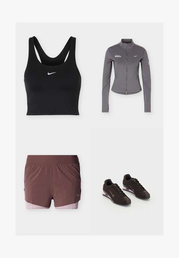 Šedá bunda Nike na zip s dlouhým rukávem a stojáčkem, bílé logo Nike na hrudi a jemné detaily na rukávech.; Černá sportovní podprsenka Nike s širokými ramínky a bílým logem Nike Swoosh uprostřed na přední straně.; Kraťasy v tmavě purpurové barvě s lehkým designem, vybavené širokým pasem a růžovou vnitřní podšívkou. Obsahují malý logo detail na straně.; Černé sportovní boty s texturovaným svrškem, hnědými akcenty a fialovou vzduchovou podrážkou. Šněrovací design s výrazným brandingem.