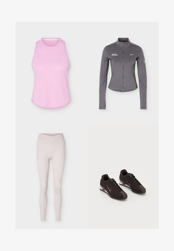 Veste zippée Nike grise à manches longues avec col montant, logos blancs Nike sur la poitrine et détails subtils sur les manches.; Débardeur de sport rose clair sans manches avec encolure ronde et petit logo blanc Nike Swoosh sur la poitrine.; Leggings beige clair taille haute sans coutures avec un détail de ceinture croisée, présentés à plat sur un fond blanc.; Baskets de sport noires avec une tige texturée, des accents marron et une semelle à coussin d'air violette. Design à lacets avec une marque bien visible.