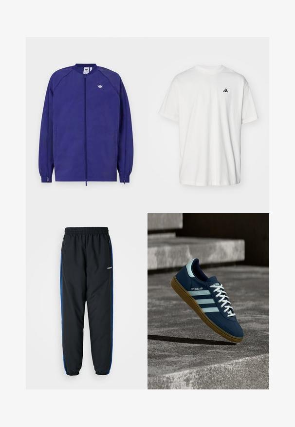 Chaqueta ligera púrpura con cierre de cremallera, puños elásticos y un pequeño logo blanco en el pecho. Textura suave y diseño casual.; Camiseta de algodón blanca con mangas cortas, cuello redondo y un pequeño logo negro de Adidas en el lado izquierdo del pecho. Textura suave, ajuste casual.; Pantalones deportivos negros con cintura elástica, rayas laterales azules, bolsillos con cremallera y puños ajustados para un ajuste ceñido. Fabricados en material ligero.; Zapatilla azul Adidas Spezial con rayas y cordones blancos, suela de goma, flotando sobre una superficie de hormigón rugosa y escaleras de fondo.