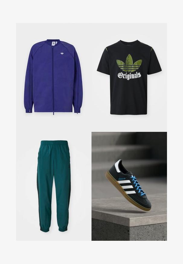 Lilla letvægtsjakke med lynlås, elastiske manchetter og et lille hvidt logo på brystet. Glat tekstur og afslappet design.; Sort bomulds T-shirt med et slidt grønt grafik med tre striber og ordet "Originals" nedenfor i hvidt, rund halsudskæring, korte ærmer.; Teal sportsbukser med snoretræk i taljen, elastiske manchetter og sorte striber på siden. Lavet af letvægtsstof med et logo nær hoften.; Sort Adidas sneaker med hvide striber, blå snørebånd og gummisål, der svæver over gråt betontrin i blødt lys.