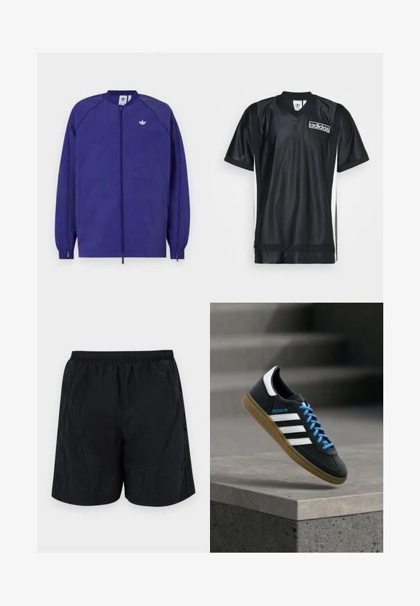 Lilla letvægtsjakke med lynlås, elastiske manchetter og et lille hvidt logo på brystet. Glat tekstur og afslappet design.; Sort sporty jersey lavet af glat, skinnende stof med V-hals, prydet med hvide sidelister og et Adidas-logo på brystet.; Sorte shorts lavet af letvægts, struktureret stof, der har en elastisk talje og sidelæns paneldetaljer for et strømlinet udseende.; Sort Adidas sneaker med hvide striber, blå snørebånd og gummisål, der svæver over gråt betontrin i blødt lys.