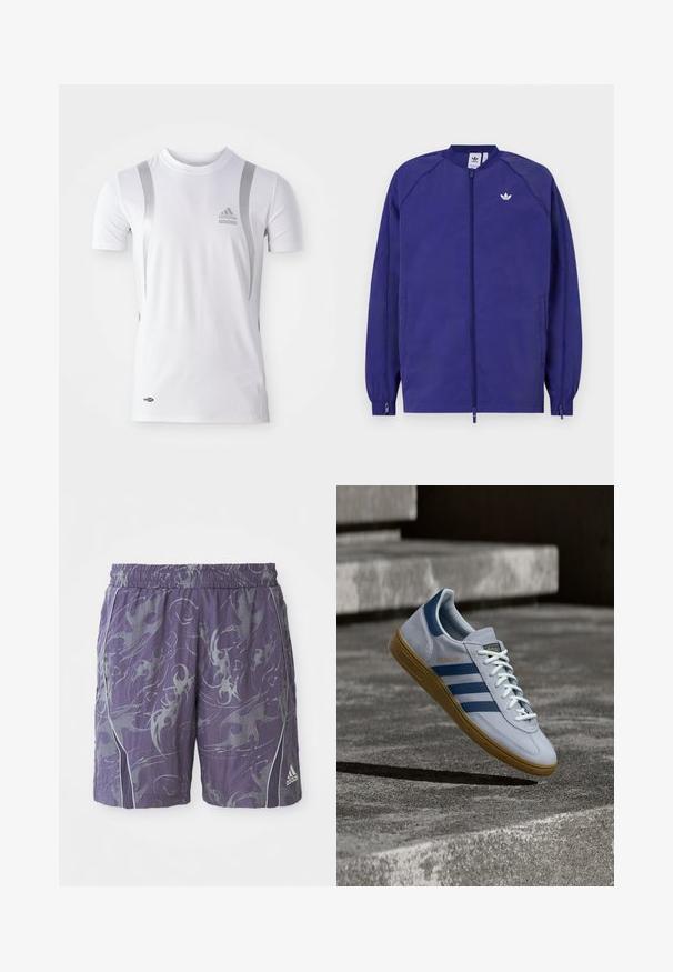 Paarse lichtgewicht jack met een ritssluiting, elastische manchetten en een klein wit logo op de borst. Gladde textuur en casual ontwerp.; Wit sportshirt met korte mouwen en zilveren accenten, met een ronde hals en een Adidas-logo op de borst. Gemaakt van vochtafvoerend materiaal.; Paarse sportshorts met abstracte zilveren patronen, elastische tailleband, zijpiping en het Adidas-logo op de rechteronderkant van het broekspijp.; Lichtblauwe Adidas Spezial sneaker met marineblauwe strepen en rubberen zool, getoond in de lucht boven betonnen trappen in een neutrale buitenomgeving.