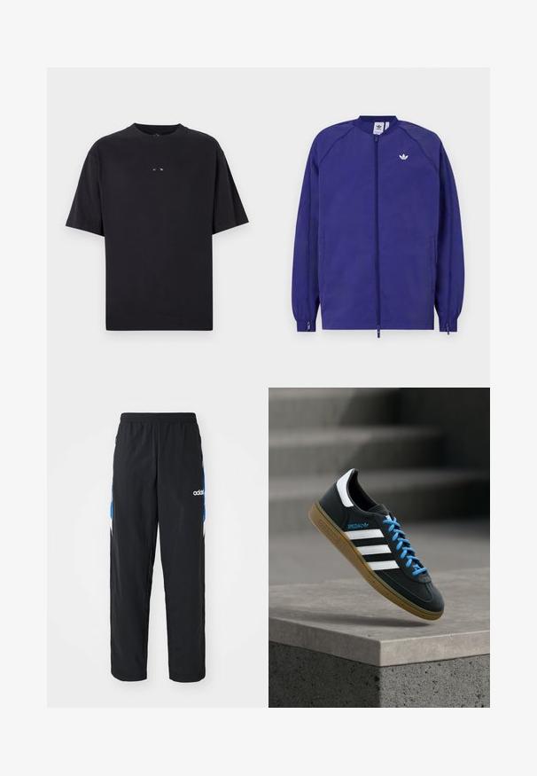 Lila, leichte Jacke mit Reißverschluss, elastischen Bündchen und einem kleinen weißen Logo auf der Brust. Glatte Textur und lässiges Design.; Oakley RISE TEE - T-Shirt basic - blackout; Schwarze Sporthose mit elastischem Bund, ausgestattet mit blauen und weißen grafischen Akzenten an den Seiten und einem gestickten Logo.; Schwarzer Adidas-Sneaker mit weißen Streifen, blauen Schnürsenkeln und Gummisohle, der über einer grauen Betontreppe im weichen Licht schwebt.