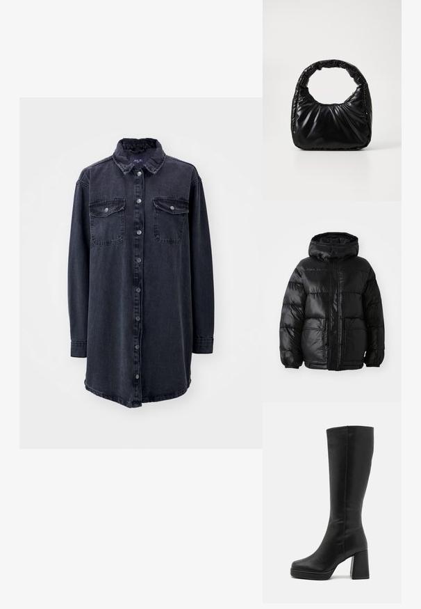 Sorte pufferjakke med hætte, der har en blank finish, elastiske manchetter, forlommeknaplukning og to store påsyede lommer.; Mørk denim skjorte med krave, lange ærmer, frontknapper og to brystlommer. Har en let løs pasform og buet nederkant.; Anna Field Højhælede støvler - black; Sort polstret håndtaske med et rundt håndtag, der har en glat, skinnende overflade og en blød, kviltet tekstur. Ingen synlige hardware eller accenter.