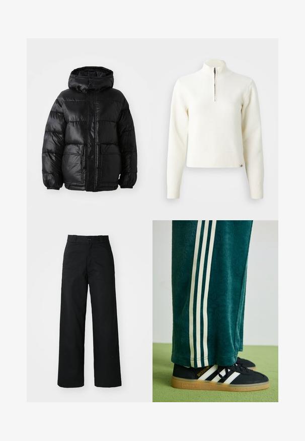 Sorte pufferjakke med hætte, der har en blank finish, elastiske manchetter, forlommeknaplukning og to store påsyede lommer.; Hvid, sweater med lynlås ved halsen og lange ærmer. Lavet af et blødt strikmateriale, med ribbede manchetter og kant. Diskret mærke-logo ved kanten.; Sorte vide bukser med flad front, knaplukning og bæltestropper. Fremstillet af holdbart stof med en glat tekstur.; Grønne teksturerede bukser med hvide sidelince, parret med sorte Adidas sneakers med tre hvide striber og en gummisål.
