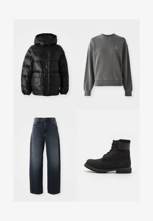 Doudoune noire avec capuche, au fini brillant, poignets élastiques, fermeture à boutons sur le devant, et deux grandes poches à patte.; Sweatshirt gris en pulle de mélange de coton doux, doté d'un col rond, de poignets côtelés et d'une petite étiquette logo sur la poitrine gauche.; Jeans évasés en denim indigo, avec une taille haute, une fermeture classique à bouton et glissière, et un délavage subtil sur le devant.; Bottine en cuir noir avec un bout rond, lacets à l'avant, col en fausse fourrure et semelle en caoutchouc. Présente un logo de marque sur le côté.