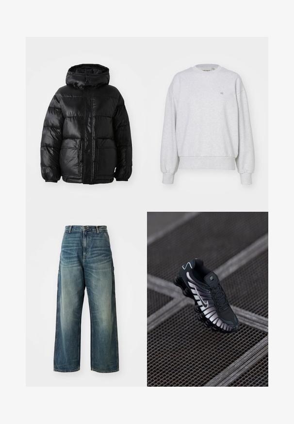 Zwarte donsjack met capuchon, voorzien van een glanzende afwerking, elastische manchetten, sluiting met knopen aan de voorkant en twee grote opgestikte zakken.; Carhartt WIP CASEY - Sweater - ash heather/silver; Wijd uitgesneden denim jeans in een vervaagde blauwe wassing. Bevat een knoopsluiting, vijf zakken en zichtbare stiksels. Materiaal heeft een zachte textuur.; Zwarte sportschoen met een geprofileerde bovenkant van mesh, zilveren accenten, ondersteuning voor de voetenboog en een gevoerde zool met een duidelijk gesegmenteerd ontwerp.