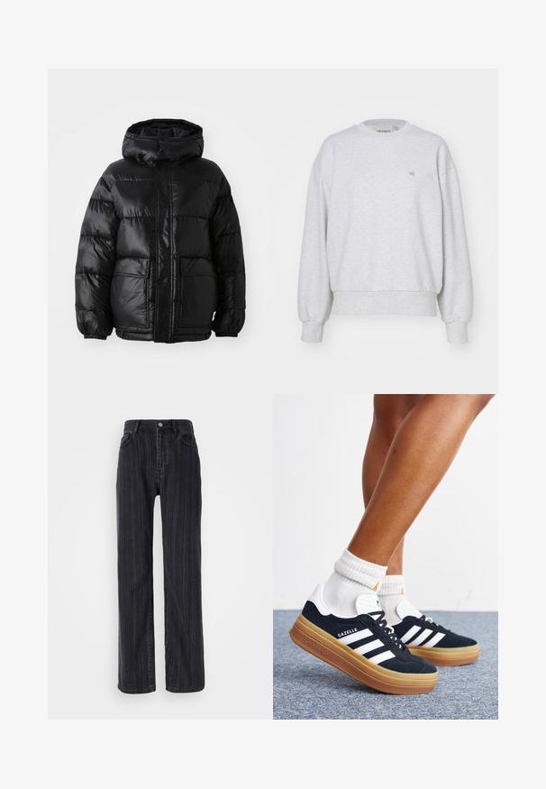 Sorte pufferjakke med hætte, der har en blank finish, elastiske manchetter, forlommeknaplukning og to store påsyede lommer.; Carhartt WIP CASEY - Sweatshirt - ash heather/silver; Højtaljede sorte denimjeans med lodrette striber, lige ben og metalknaplukning fortil.; Ben iført hvide sokker og sorte Adidas Gazelle sneakers med hvide striber og tykke brune såler på et gråt tæppe.