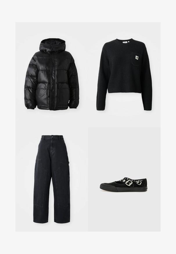 Doudoune noire avec capuche, au fini brillant, poignets élastiques, fermeture à boutons sur le devant, et deux grandes poches à patte.; Pull en maille côtelée noir avec un col rond, des manches longues et une poche avant arborant un petit patch logo. Longueur cropped.; Pantalons cargo larges en denim noir à taille haute, avec deux grandes poches avant et une fermeture à bouton à la taille. Texture lisse, design décontracté.; Vans MARY JANE - Ballerines - black