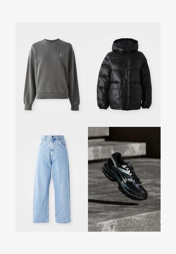 Sorte pufferjakke med hætte, der har en blank finish, elastiske manchetter, forlommeknaplukning og to store påsyede lommer.; Grå pullover sweatshirt lavet af glat bomuldsblanding, med rund hals, ribbede manchetter og et lille logopatch på venstre bryst.; Højhalset lysblå denimjeans med lige vide ben, frontknap, lynlås lukning samt front- og baglommer.; Sort og sølv Nike løbesko svævende over betontrappe, viser detaljeret design og tekstureret sål i udendørs omgivelser.