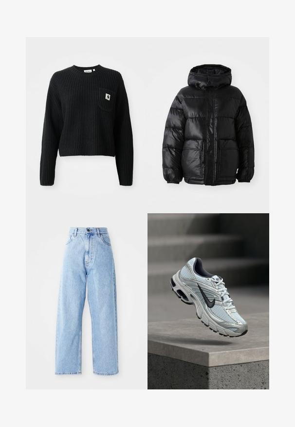 Doudoune noire avec capuche, au fini brillant, poignets élastiques, fermeture à boutons sur le devant, et deux grandes poches à patte.; Pull en maille côtelée noir avec un col rond, des manches longues et une poche avant arborant un petit patch logo. Longueur cropped.; Jeans en denim bleu clair taille haute avec des jambes droites larges, fermeture à bouton à l'avant, fermeture éclair et poches avant et arrière.; Baskets de course Nike blanches et grises avec logo noir flottant au-dessus d'un rebord en béton sur fond gris flou.