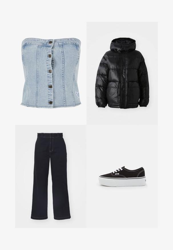 Doudoune noire avec capuche, au fini brillant, poignets élastiques, fermeture à boutons sur le devant, et deux grandes poches à patte.; Karl Kani Blouse - light blue; Pantalons larges bleu foncé en coton avec taille haute, présentant des coutures blanches contrastantes et un design épuré et simple.; Baskets en toile noires avec une semelle en caoutchouc blanc, dotées de lacets et de coutures blanches, marquage emblématique sur le côté, design basse.