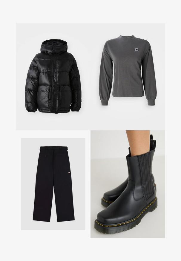 Schwarze Pufferjacke mit Kapuze, glänzender Oberfläche, elastischen Bündchen, Frontknopfverschluss und zwei großen aufgesetzten Taschen.; Langärmliges graues T-Shirt aus Baumwolle, mit rundem Ausschnitt und elastischen Bündchen, mit einem kleinen quadratischen Logo auf der Brust.; Schwarze Hosen aus einem Stoff mit glatter Textur. Verfügen über ein gerades Bein-Design, einen Bund mit Gürtelschlaufen und mehrere Taschen.; Schwarze Knöchelstiefel mit einer glatten, matten Oberfläche. Verfügt über vertikale Nähte, eine klobige Sohle mit gelben Nähten und einer Zuglasche auf der Rückseite.