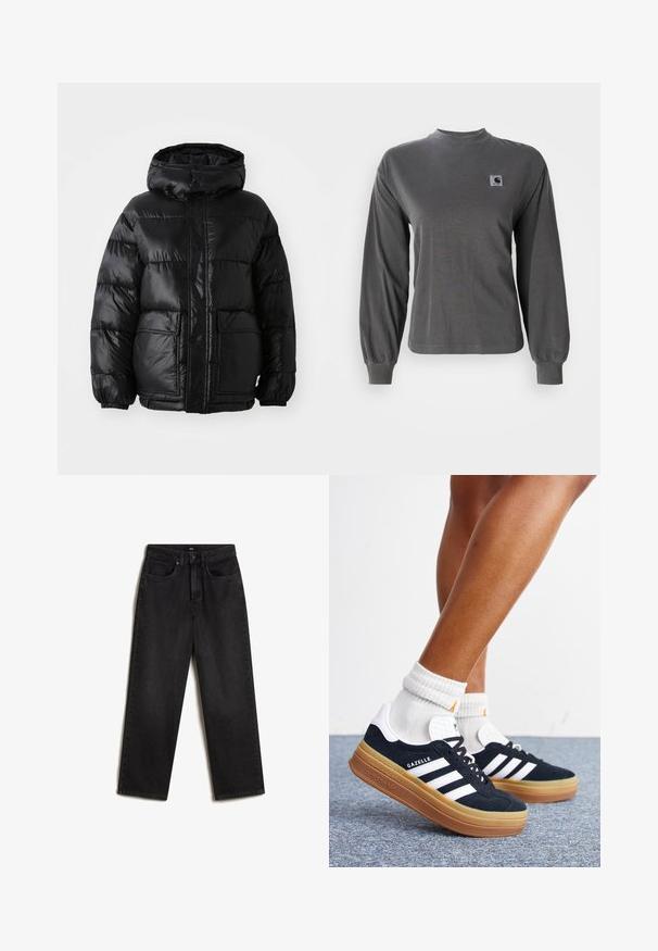 Zwarte donsjack met capuchon, voorzien van een glanzende afwerking, elastische manchetten, sluiting met knopen aan de voorkant en twee grote opgestikte zakken.; Grijs T-shirt met lange mouwen van katoen, met een ronde hals en elastische manchetten, voorzien van een klein vierkant logo op de borst.; Vans SIRELLE 5 POCKET PUDDLE TROUSERS, - Straight leg jeans - black; Ben met witte sokken en zwarte Adidas Gazelle sneakers met witte strepen en dikke bruine zolen op een grijs tapijt.