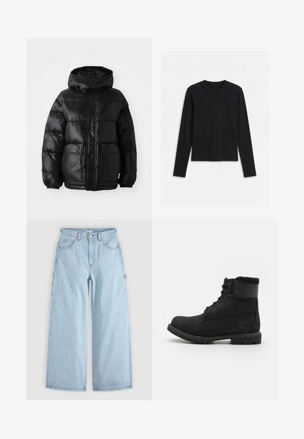 Doudoune noire avec capuche, au fini brillant, poignets élastiques, fermeture à boutons sur le devant, et deux grandes poches à patte.; T-shirt noir à manches longues avec col rond, coupe ajustée et design uni, présenté sur un fond blanc.; Jean en denim bleu clair à jambes larges avec poches avant, passants de ceinture et boucles latérales pour outils, posé à plat sur un fond gris.; Bottine en cuir noir avec un bout rond, lacets à l'avant, col en fausse fourrure et semelle en caoutchouc. Présente un logo de marque sur le côté.