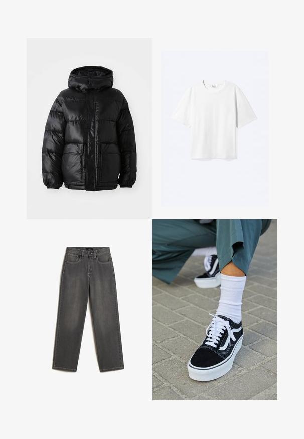 Zwarte donsjack met capuchon, voorzien van een glanzende afwerking, elastische manchetten, sluiting met knopen aan de voorkant en twee grote opgestikte zakken.; Witte T-shirt met korte mouwen en een ronde hals met rechte zoom, met een "WEEKDAY" merklabel aan de binnenkant van de hals.; Grijze wijde jeans van denim. Heeft vijf zakken, een sluiting met een knoop en ritssluiting aan de voorkant, en subtiele vervaging op de stof.; Zwarte suède sneaker met witte accenten en veters, uitgerust met een dikke witte zool en contrasterende stiksels, gecombineerd met een witte sok.