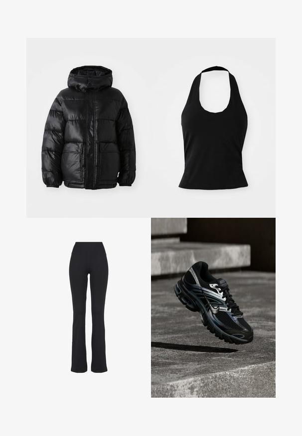 Abrigo acolchado negro con capucha, con un acabado brillante, puños elásticos, cierre frontal de botones y dos grandes bolsillos de parche.; Top negro tipo halter hecho de una tela suave, con un escote redondeado y una silueta ajustada, con una textura lisa y sin patrones visibles.; Pantalones de yoga negros de talle alto y ajustados con piernas acampanadas, presentados sobre un fondo blanco.; Zapatilla de running Nike negra y plateada flotando sobre escalones de hormigón, mostrando diseño detallado y suela texturizada en un entorno exterior.