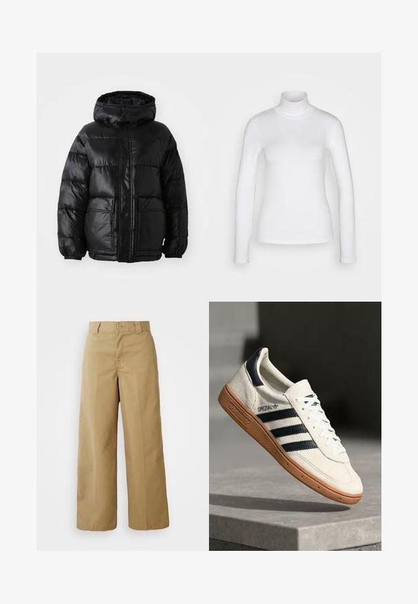 Doudoune noire avec capuche, au fini brillant, poignets élastiques, fermeture à boutons sur le devant, et deux grandes poches à patte.; Chemise à col roulé blanc à manches longues en tissu lisse et extensible. Offre une coupe ajustée et un col haut. Pas de motifs ni d'accents visibles.; Pantalons larges beiges en tissu mélangé coton, avec une fermeture à bouton, des passants de ceinture et des poches avant.; Baskets en daim blanc avec des bandes navy, semelle en caoutchouc gomme, tige texturée, bout rond et lacets ; arbore un logo sur le côté et sur la languette.