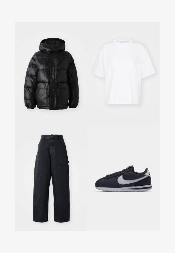 Sorte pufferjakke med hætte, der har en blank finish, elastiske manchetter, forlommeknaplukning og to store påsyede lommer.; Hvid bomulds t-shirt med rund hals, korte ærmer og en afslappet pasform. Har et diskret logo på venstre brystområde. Glat tekstur.; Sorte denim cargo bukser med vidde og høj talje, to store forlommer og knaplukning i taljen. Glat tekstur, casual design.; Sort atletisk sko med grå accenter, glat syntetisk overdel, tekstureret sål, afrundet tå og flade snørebånd. Klassisk design med logodetalje.