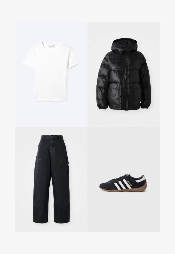 Schwarze Pufferjacke mit Kapuze, glänzender Oberfläche, elastischen Bündchen, Frontknopfverschluss und zwei großen aufgesetzten Taschen.; Einfaches weißes T-Shirt mit kurzen Ärmeln und Rundhalsausschnitt sowie kleinem "WEEKDAY"-Etikett im Nacken, flach auf einem hellen Hintergrund präsentiert.; Schwarze Denim Cargo-Hosen mit weitem Bein und hoher Taille, zwei großen Vordertaschen und einem Knopfverschluss an der Taille. Glatte Textur, lässiges Design.; Schwarzer Veloursleder-Sneaker mit drei weißen Streifen, Gummisohle und einem kleinen goldenen Logo an der Seite. Verfügt über ein glattes schwarzes Innenfutter.