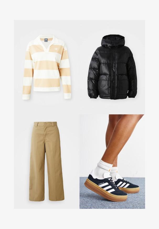 Schwarze Pufferjacke mit Kapuze, glänzender Oberfläche, elastischen Bündchen, Frontknopfverschluss und zwei großen aufgesetzten Taschen.; Langärmliges Polohemd in Weiß mit hellbraunen Streifen. Es verfügt über einen kragenförmigen Ausschnitt, weichen Stoff und ein kleines Logo auf der linken Brust.; Beigeweite Hose aus einem Baumwoll-Mischgewebe, mit einem Knopfverschluss, Gürtelschlaufen und Fronttaschen.; Beine mit weißen Socken und schwarzen Adidas Gazelle Sneakers mit weißen Streifen und dicken braunen Sohlen auf einem grauen Teppichboden.