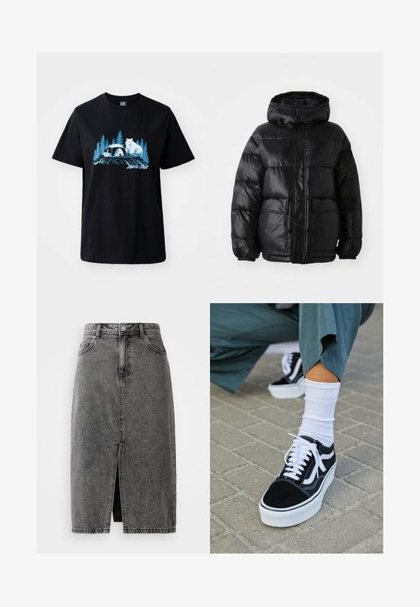 Abrigo acolchado negro con capucha, con un acabado brillante, puños elásticos, cierre frontal de botones y dos grandes bolsillos de parche.; Camiseta de algodón negra con un gráfico azul de un oso y un panda con árboles de fondo. Manga corta y cuello redondo.; Falda midi de mezclilla negra deslavada de talle alto, con abertura frontal, pasadores para cinturón y diseño clásico de cinco bolsillos.; Zapatillas de ante negro con acentos y cordones blancos, que cuentan con una gruesa suela blanca y costuras en contraste, combinadas con un calcetín blanco.