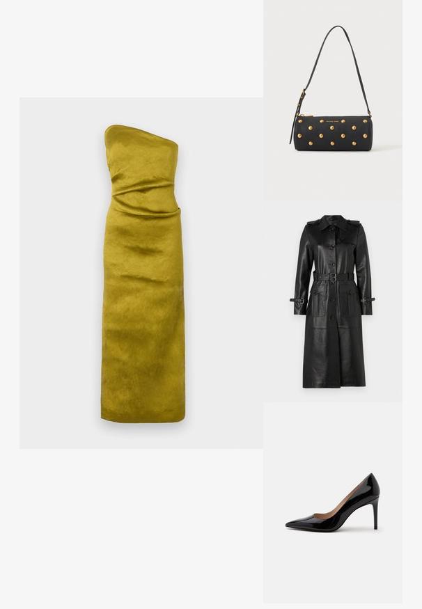 Sort læder trench coat med klassisk krave, knaplukning foran, to store forlommer, bælte i taljen og justerbare ærmestraps.; Stropfri, tætsiddende kjole i sennepsgul med et glat, let tekstureret stof. Har diskrete draperinger for formdefinition.; Sort laklæder pumps med høje hæle, spids snude og stilethæl, vist i sideprofil på en ensfarvet hvid baggrund.; Sort cylindrisk håndtaske med guldfarvede nitter og justerbar skulderrem, med "Michael Kors" logo i guld på fronten.