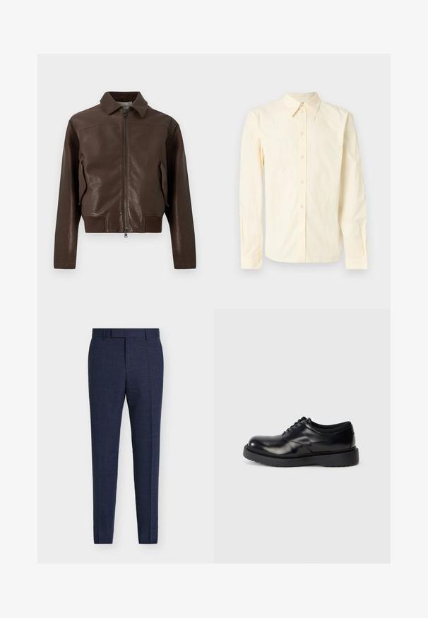 Veste en cuir marron foncé avec fermeture éclair à l’avant, deux poches latérales, col ouvert et poignets et ourlet côtelés.; Chemise à manches longues en coton doux de couleur jaune clair. Elle présente un col pointu, une fermeture à boutons à l'avant et un détail brodé subtil sur la poitrine.; Pantalon habillé homme bleu marine sur mesure avec passants de ceinture, pli avant et coupe ajustée sur fond uni.; Chaussure en cuir noir à lacets avec un bout rond, surface lisse et une semelle en caoutchouc épaisse dotée de légers rainurages pour une meilleure adhérence.