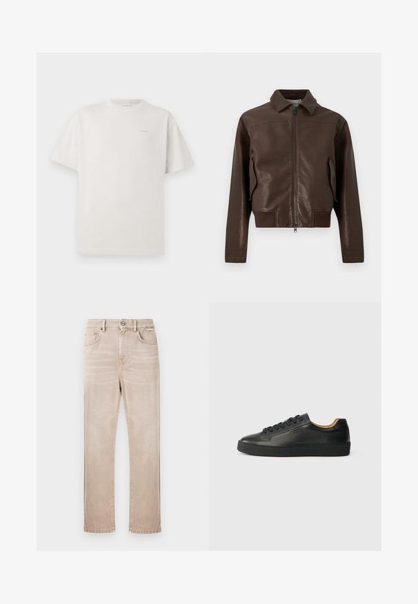 Chaqueta de cuero marrón oscuro con cremallera frontal, dos bolsillos laterales, cuello vuelto y puños y bajo acanalados.; CLOSED LOGO - Camiseta básica - blush pink; Vaqueros beige de mezclilla con corte de pierna recta, cinco bolsillos y cierre frontal de botones. Presentan un sutil desgastado y detalles de costura.; Zapatilla negra de cuero de caña baja con superficie texturizada, cordones negros y suela de goma gruesa, mostrada de lado sobre un fondo claro.
