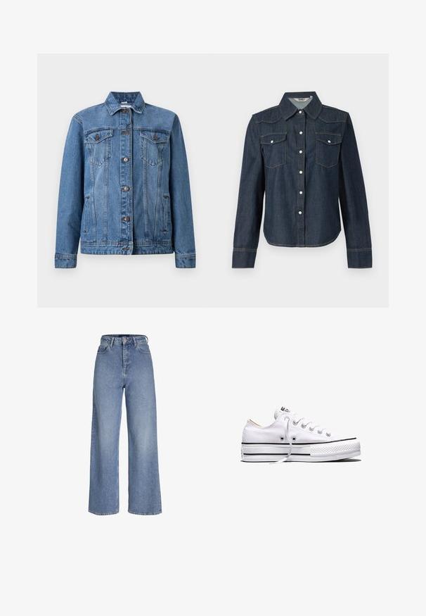 Blaue Jeansjacke mit Knopfleiste, zwei Brusttaschen mit Klappen, Seitentaschen und langen Ärmeln, auf weißem Hintergrund dargestellt.; Dunkelblaue Jeanshemd mit langen Ärmeln, spitzem Kragen, zwei Brusttaschen und weißer Knopfleiste. Kontrastnähte an den Nähten.; Hellblaue Jeans mit hoher Taille, weitem Bein, vorderer Knopf- und Reißverschluss und Fünf-Taschen-Design.; Weißer Canvas-Sneaker in niedriger Ausführung mit weißen Schnürsenkeln, schwarzen Streifen an der Sohle und gummiertem, strukturiertem Zehenschutz, Seitenansicht vor weißem Hintergrund.
