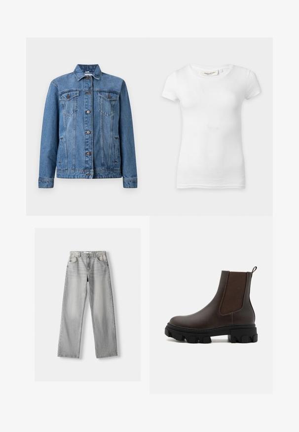 Blaue Jeansjacke mit Knopfleiste, zwei Brusttaschen mit Klappen, Seitentaschen und langen Ärmeln, auf weißem Hintergrund dargestellt.; Schlichtes weißes kurzärmliges eng anliegendes T-Shirt mit rundem Ausschnitt, auf einer ebenen Fläche präsentiert.; Helle graue Jeans aus Denim mit geradem Bein, ausgestattet mit zwei vorderen Taschen, einem Knopfverschluss und subtilen Abnutzungen für Struktur.; Braune Leder-Chelsea-Boots mit elastischen Seitenpanelen, strukturierten Stoffakzenten, dicker schwarzer Gummisohle und einer Zuglasche hinten.