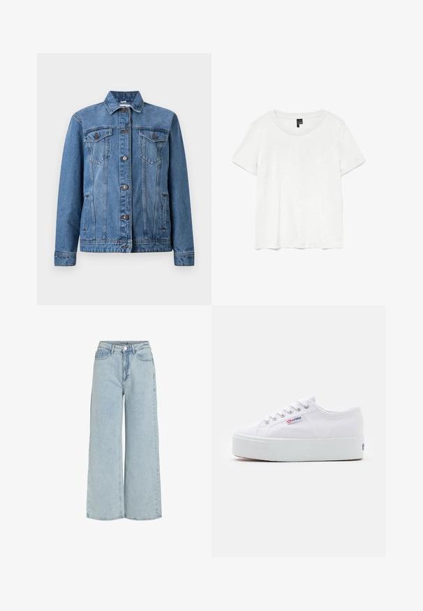 Blauwe spijkerjasje met knoopsluiting aan de voorkant, twee borstzakken met kleppen, zijzakken en lange mouwen, weergegeven op een witte achtergrond.; Witte t-shirt met korte mouwen en een ronde hals, gemaakt van lichte stof. Eenvoudig ontwerp, gladde textuur en rechte zoom.; Lichtblauwe wijdvallende jeans van denim met een hoge taille, frontzakken en een knoopsluiting. Bevat een vervaagde textuur en strakke lijnen.; Witte canvas sneaker met een dikke witte platformzool, ronde neus en metalen oogjes voor veters. Merkl logo aan de zijkant weergegeven.